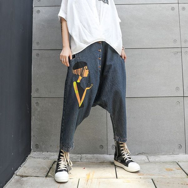 

2019 new women high waist loose blue pattern printed jeans button harem pants