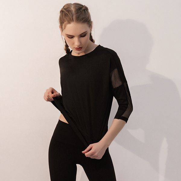 

autumn new fitness yoga clothes coat three-quarter sleeves solid color breathable womens sports t-shirt a generation of fat, White;red