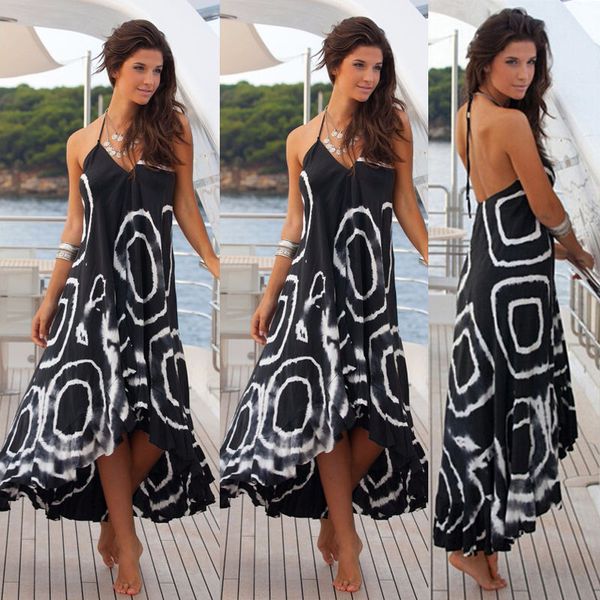 

women ladies fashion elegant summer dress sleeveless v-neck pattern print ruffles a-line high waist mid-calf length dress, Black;gray