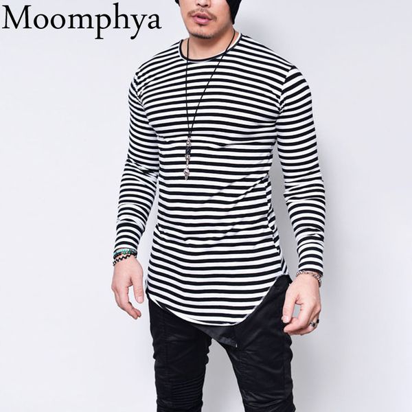 

moomphya 2018 новый мужчины стиль мореплавание полосатый длинный рукав рубашки ярус изогнутый край тенниску мужчины хип-хоп tshirt уличной, White;black