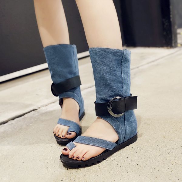 

2018 denim flat heel buckle strap womens mid calf summer boots sandals open toe casual blue black sandal boot shoes lady