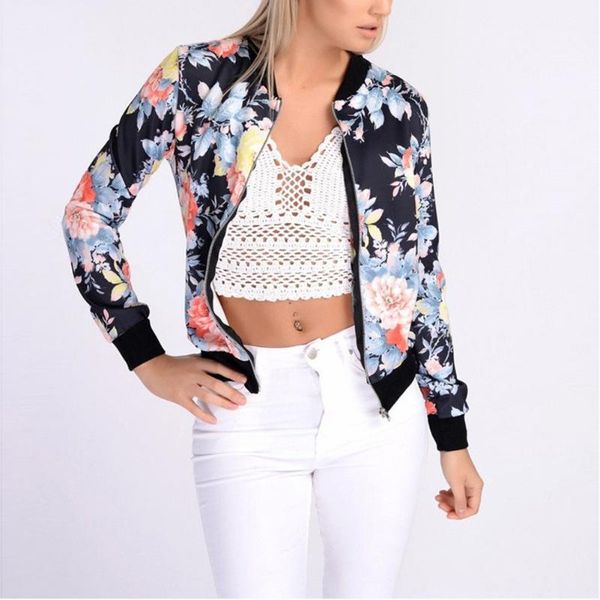 

women retro flower floral print jacket zipper bomber collar slim coat casual outwear female autumn spring jacket fashion ladies, Black;brown