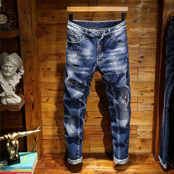 

luxury mens designer jeans distressed zipper hole jeans casual jeans men skinny biker pants blue size 28-38