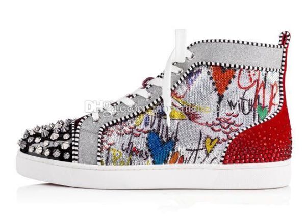 

high red bottom spikes sneakers men casual shoes luxury print silver sequin sliver pik no limit rare studs and rhinestones graffiti, Black