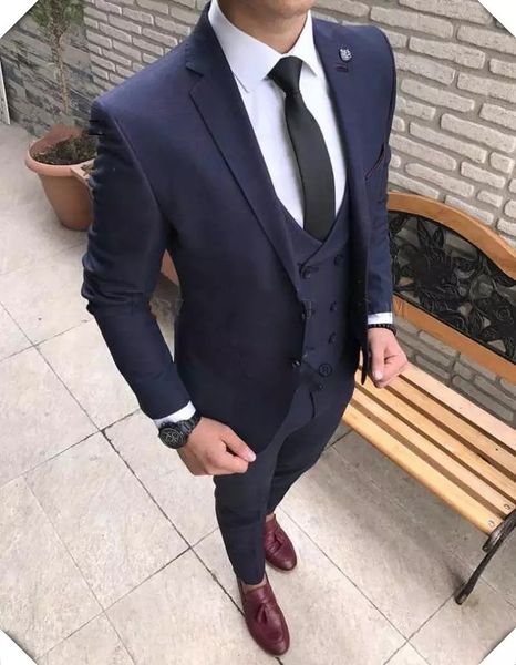 

navy blue groom tuxedos notch lapel groomsman wedding tuxedos fashion men prom party jacket blazer 3 piece suit(jacket+pants+tie+vest) 812, Black;gray