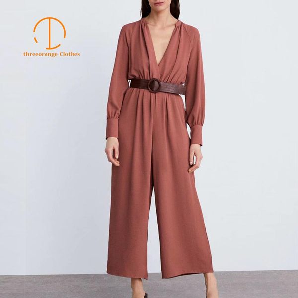 

new style elegant jumpsuit women solid rose red v neck with leather belt office lady autumn casual loose noble lady jumpsuit, Black;white