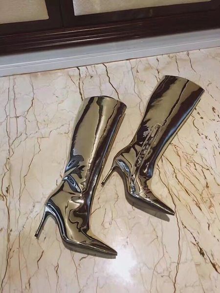 

mirror leather knee high boots pointed toe side zipper tight high boots for women fashion club dress shoes big size, Black