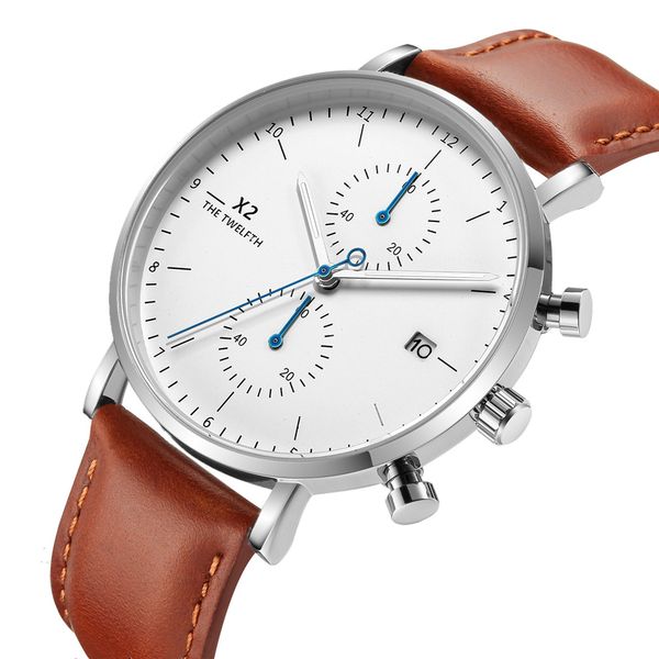 

new fashion chronograph men watch popular vintage brown leather quartz wristwatch sport waterproof business calendar relojes, Slivery;brown