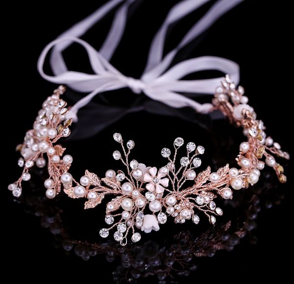 

rose gold leaf headband baroque bridal hairbands headpiece headdress hair accessories wedding crown bride tiara comb jewelry, Golden;white