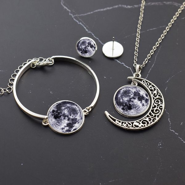 

planet jewelry set solar system planet glass cabochon silver necklace bracelet earrings set moon earth sun mars jupiter jewelry