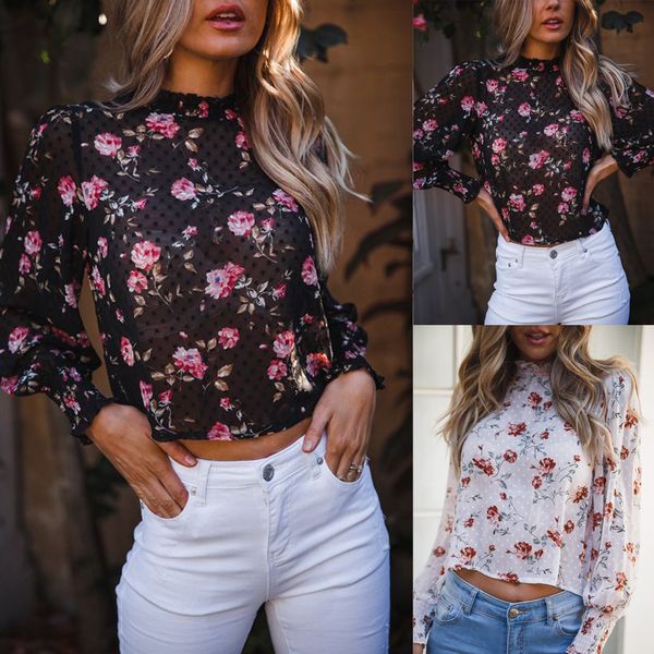 

women's sheer mesh crop ladies floral long sleeve blouse pullover top