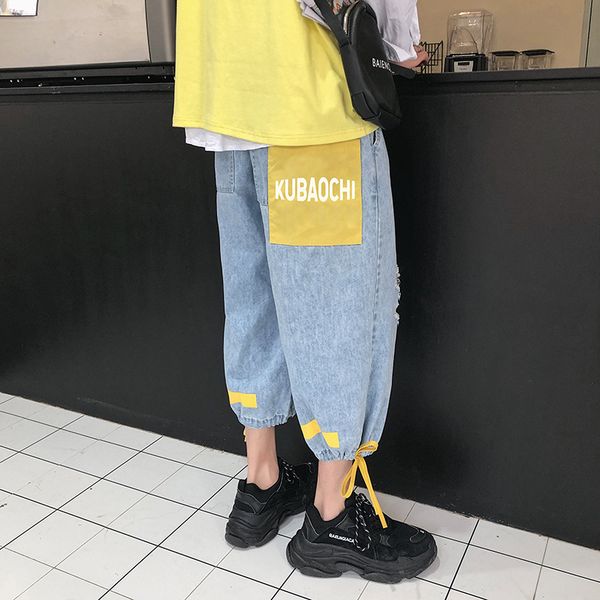 

wholesale 2019 wide leg cropped trousers denim patchwork hole elastic waist cowboy jeans men's summer korean loose pants, Blue