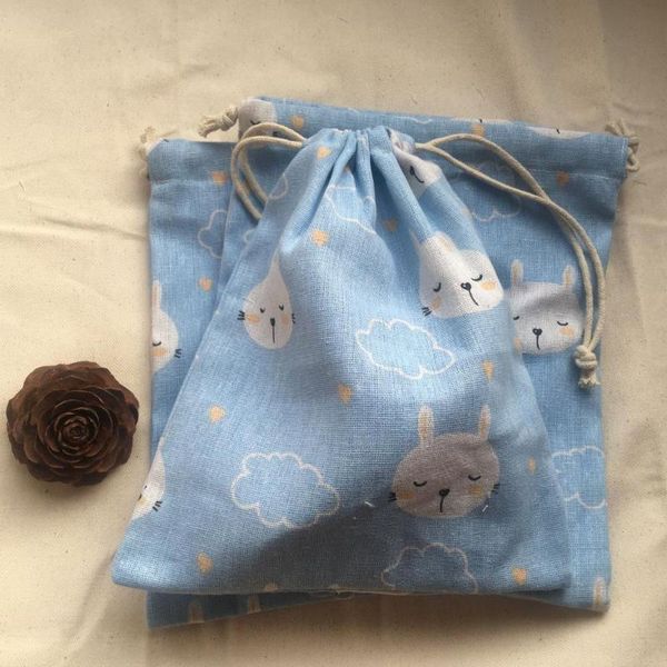 

cotton linen drawstring pouch multi-purpose organized bag party gift bag blue 12b