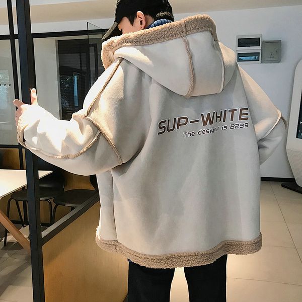 

lamb hair handsome cotton coat men's winter loose hooded plus velvet thick coat men jacket winter, Black
