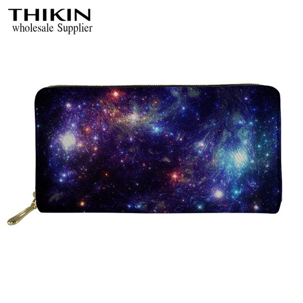 

thikin galaxy blue night sky school girls money bags women pu leather long wallet with card holders zipper purse waterproof, Red;black