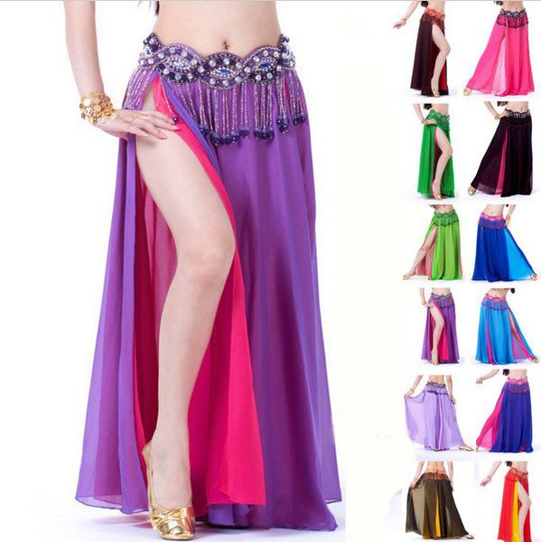 

belly dance gradient chiffon dress costume skirt new belly dance 2 layers with 2 side slits skirt, Black;red