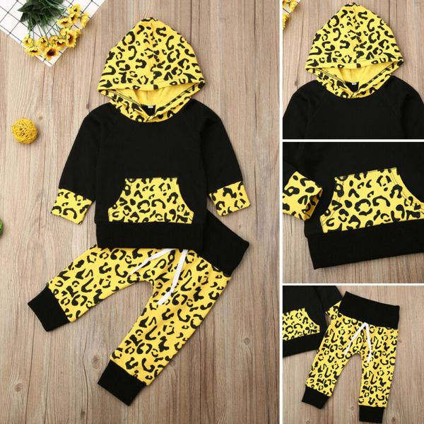 

toddler baby boy girl 0-5y clothes leopard hooded leggings pants 2pcs outfit, White