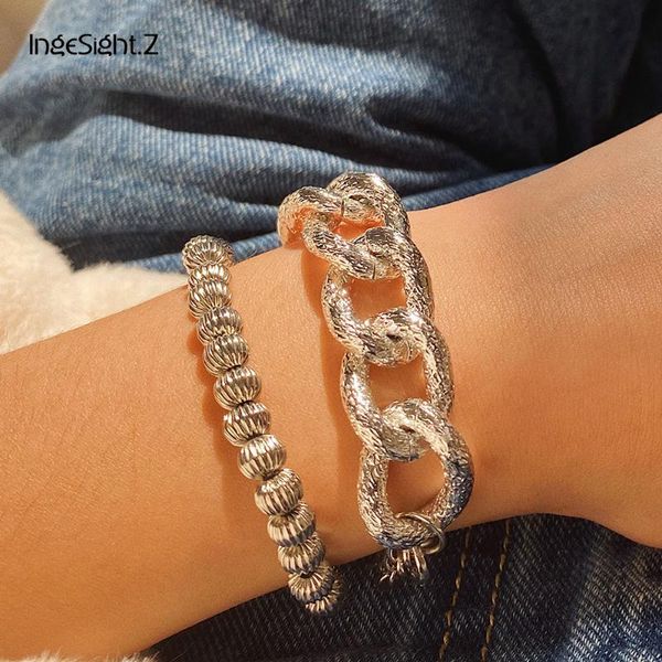 

ingesight.z 2pcs/set punk hip hop curb miami cuban thick bracelets bangles charm chunky heavy metal bracelets for women jewelry, Black