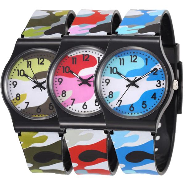 

fashion popular kids children boys girls students pvc sport camouflage watch wholesale new simple design plastic quartz gift watch, Slivery;brown