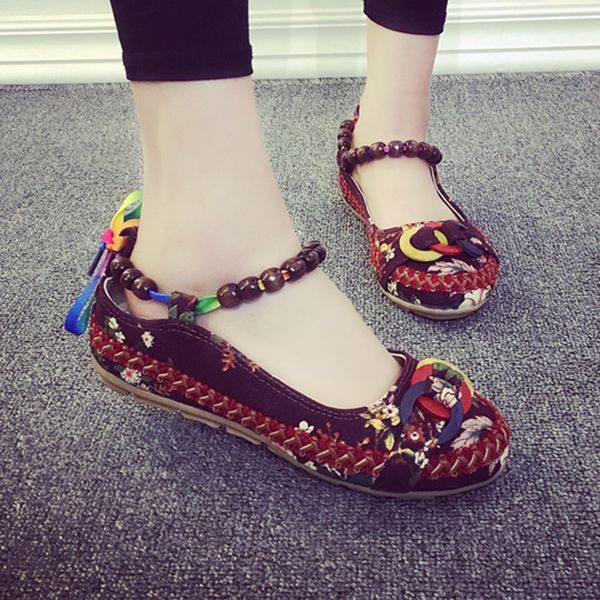 

autumn 2019 retro beaded embroidered lace cloth shoes ethnic strap-on women soft leisure comfortable single shoes, Black