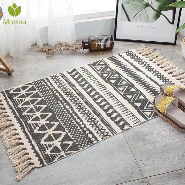 

carpets 60*90cm retro carpet bohemian hand woven cotton linen tassel bed mat geometric floor tapestry living room home decor