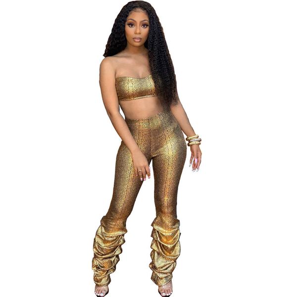 

gold party sparkly two piece set women strapless crop and pants bell-bottoms 2 piece club outfits matching sets femme, White