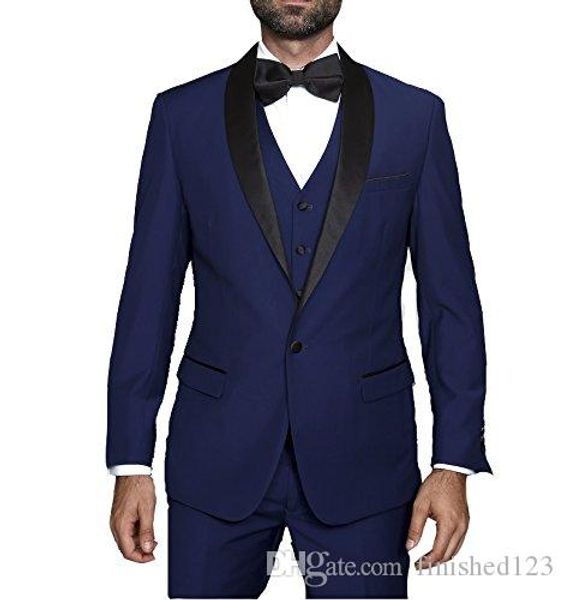 Yüksek Kaliteli Tek Düğme Lacivert Damat Smokin Şal Yaka Groomsmen En Iyi Adam Mens Düğün Takım Elbise (Ceket + Pantolon + Yelek + Kravat) No: 964