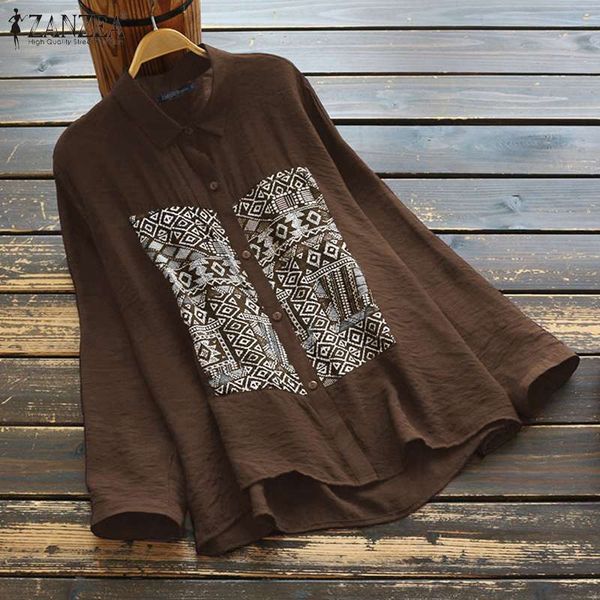 

2020 vintage women shirts zanzea office lady floral printed blouses casual long sleeve tunic cotton buttons down blusas 5xl, White