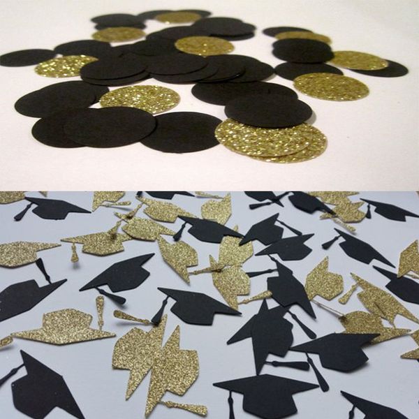 

100pc / пакет gold black hat bachelor круглого блеск бумага конфетти 3cm выпускного new year party decor bachelor cap grad congrats
