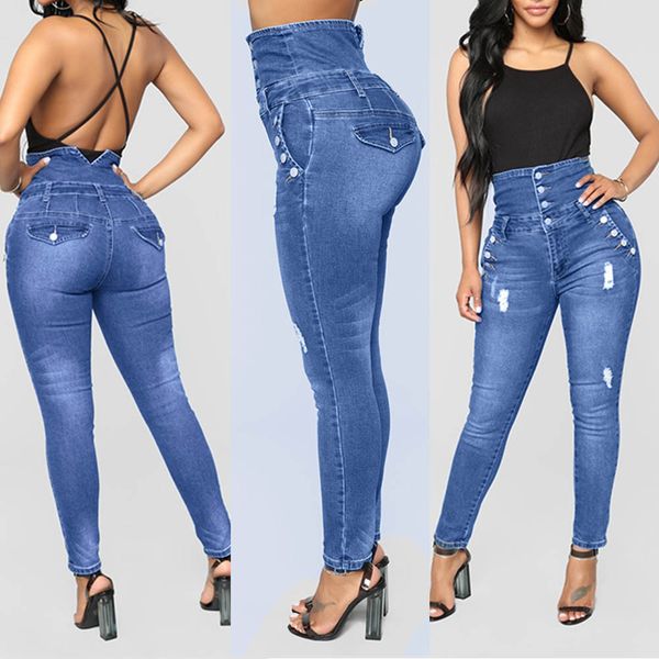 

jeans women autumn skinny slim high waisted jeans elastic butus hole denim casual small feet cropped pants mujer s10, Blue