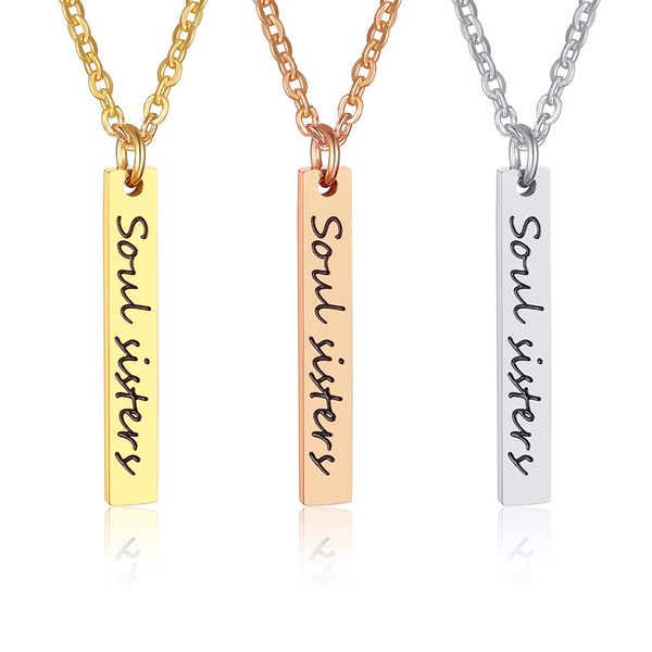 

soul sisters english letter long pendant necklace titanium steel corroded text inspirational necklace fashion ladies jewelry gifts, Silver