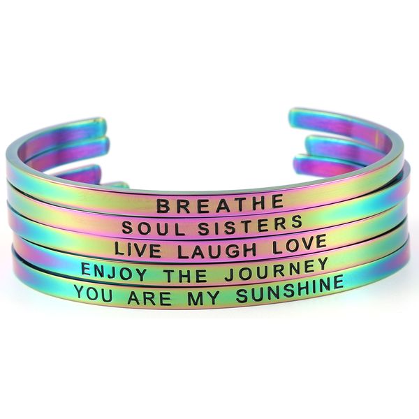 

carvort rainbow metal cuff bracelets for women stainless steel 316l bangle inspirational bracelet custom mantra words bangles, Black
