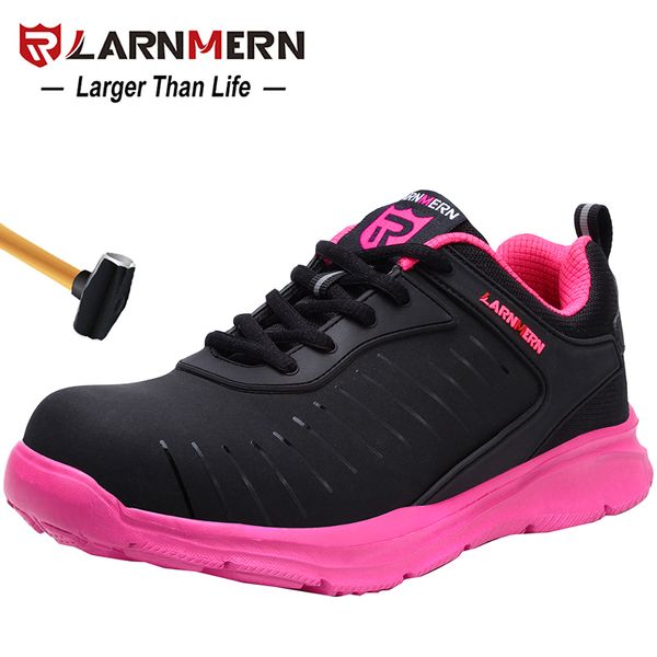 

larnmern women's work safety shoes steel toe breathable lightweight anti-smashing anti-puncture construction protective footwear, Black