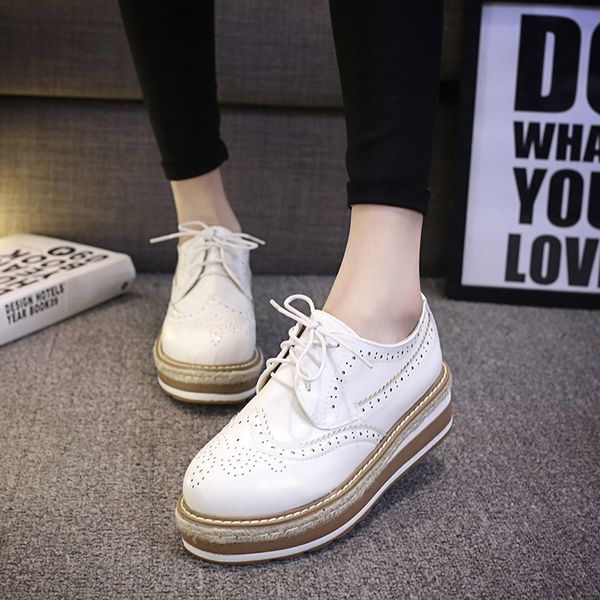 

british style carving brogue shoes woman brand designer flats shoes lace up platform creepers women round toe oxford derby, Black