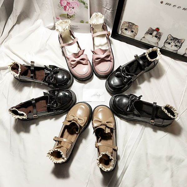

japanese sweet cute women's shoes harajuku style round head small shoes bow wild women's retro england single, Black