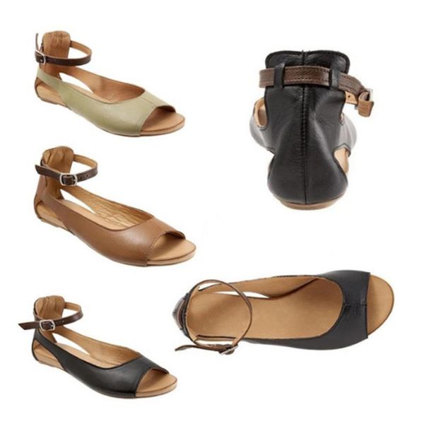 

summer sandals women plus size flats female casual peep toe shoes leather slip on ankle strap flip flops leisure solid footwear, Black