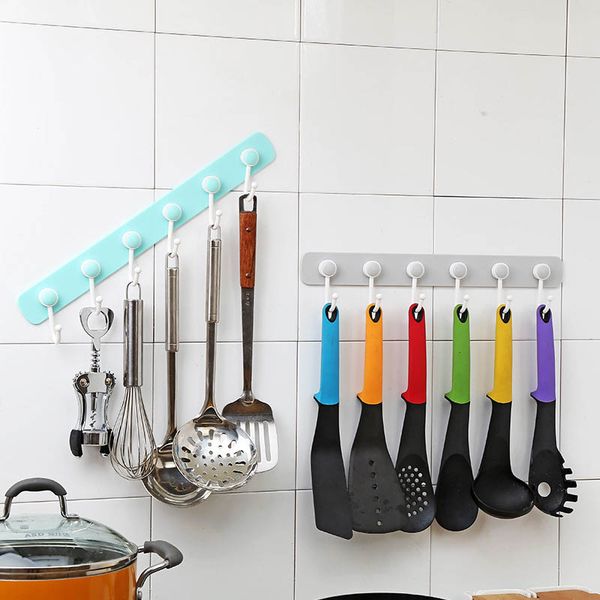 

1 pcs plastic home storage holder wall hook strong wall rack bathroom accessories multifunction 6 hooks kitchen organizer
