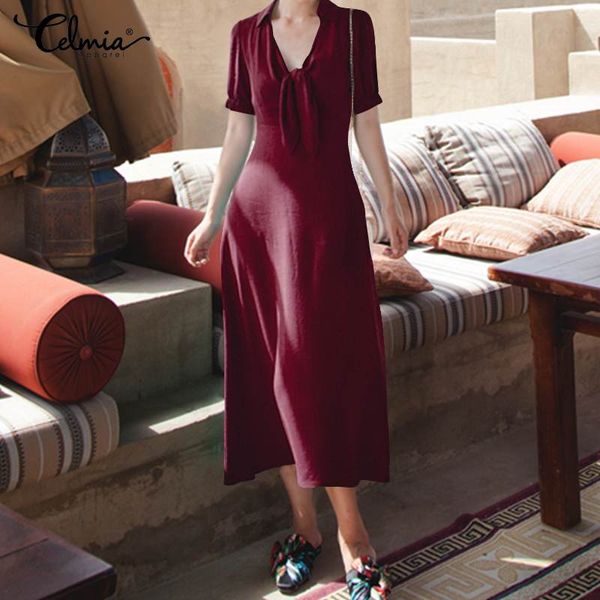 

celmia elegant women dress 2020 summer vintage linen dresses v-neck short sleeve long sundress bow solid party vestidos 5xl, Black;gray