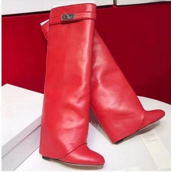 

silver metal shark lock womens over the knee booties designer pointed toe knee high boots leather woman wedges high heels shoes bottes, Black