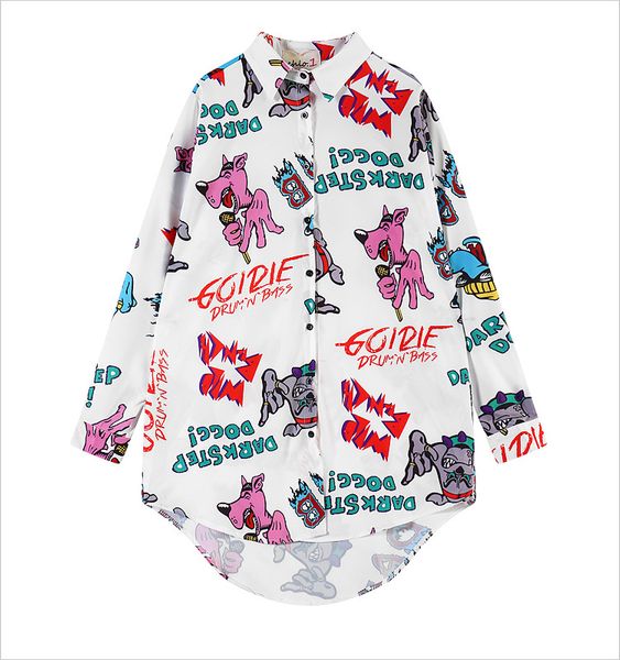 

2019 cartoon print long sleeve women white blouse vintage women long shirt roupa feminina korean blouses blusas mujer