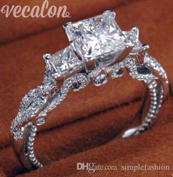 

vecalon romantic vintage female ring three-stone simulated diamond cz 925 sterling silver engagement wedding band ring for women, Slivery;golden