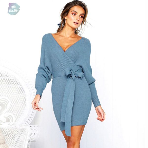 

v neck knitted dress sweater winter women autumn long sleeve sash bodycon dresses mini elegant autumn robe pull, Black;gray