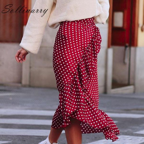 

sollinarry polka dot wrap ruffle summer skirt women 2019 new fashion red office skirt female high waist sash skirts elegant, Black;gray