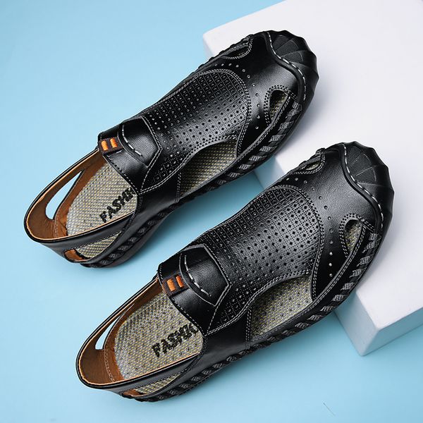 

plus size 46 sandals men summer casual shoes cow genuine leather sandals man footwear male breathable sandalias hombre, Black