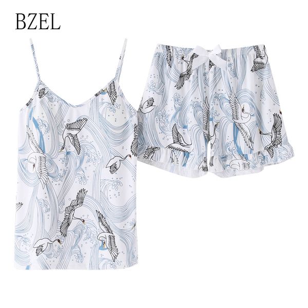 

bzel new stylish summer white pajamas sling cartoon shorts cotton v-neck sleeveless sleepwear plus size homewear loungewear, Blue;gray