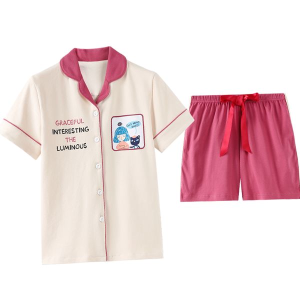 

new arrival summer 100%cotton cartoon cute women pajamas set short sleeve turn-down collar cardigan casual soft ladies sleepwear, Blue;gray