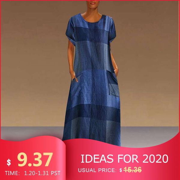 

vonda vintage patchwork plaid maxi dress women 2019 summer beach sundress plus size short sleeve bohemian party dresses 5xl, Black;gray