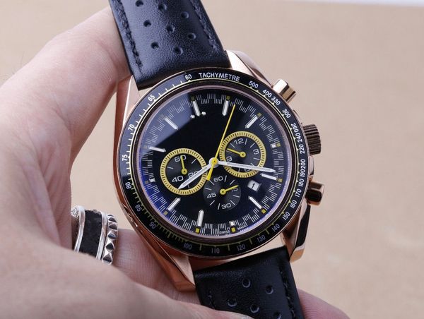 

mens designer watches precision quartz movement chronograph 316l stainless steel case black leather strap tempered glass mirror luxury watch, Slivery;brown