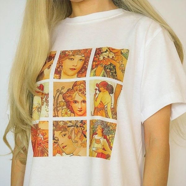 

van gogh art printed alphonse mucha tshirt summer fashion short sleeve cotton harajuku tee, White