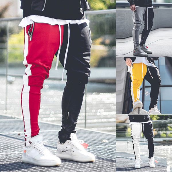 

mens long color block street patchwork zippers elastic casual pencil pants casual pants cottontrouser elastic, Black